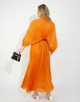 Pleated long dress with organza pleated cape sleeves in Gold