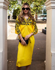 Yellow Leopard print color blocking Print Pleated Dress in Kimono sleeves