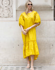 Oversized Puff Sleeves ruffle hem design Maxi dress in Yellow