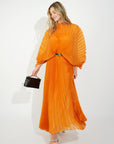 Pleated long dress with organza pleated cape sleeves in Gold