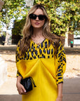 Yellow Leopard print color blocking Print Pleated Dress in Kimono sleeves