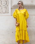 Oversized Puff Sleeves ruffle hem design Maxi dress in Yellow