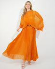 Pleated long dress with organza pleated cape sleeves in Gold