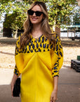 Yellow Leopard print color blocking Print Pleated Dress in Kimono sleeves
