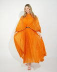 Pleated long dress with organza pleated cape sleeves in Gold