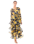 Floral Print Ruffle Multi Layer Hem design maxi long Dress in yellow