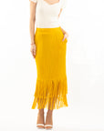 Pleated Midi Skirt with multi fringed tassel hem design in yellow
