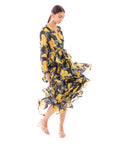 Floral Print Ruffle Multi Layer Hem design maxi long Dress in yellow