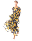 Floral Print Ruffle Multi Layer Hem design maxi long Dress in yellow