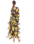Floral Print Ruffle Multi Layer Hem design maxi long Dress in yellow