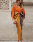 Orange color blocking Print Pleated Dress in Kimono sleeves