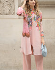 Full Pleated Floral Print Shirt And Trousers In Pink
