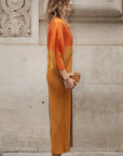 Orange color blocking Print Pleated Dress in Kimono sleeves