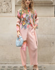 Full Pleated Floral Print Shirt And Trousers In Pink