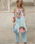 Full Pleated Floral Print Shirt And Trousers In Blue