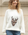 Reindeer patch embroidered fluffy jumper