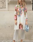 Full Pleated Floral Print Shirt And Trousers In White