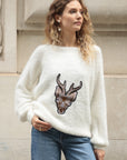 Reindeer patch embroidered fluffy jumper