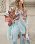 Full Pleated Floral Print Shirt And Trousers In Blue