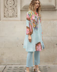 Full Pleated Floral Print Shirt And Trousers In Blue