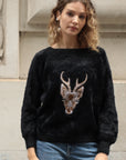 Reindeer patch embroidered fluffy jumper (BLACK)