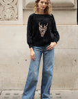 Reindeer patch embroidered fluffy jumper (BLACK)