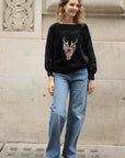 Reindeer patch embroidered fluffy jumper (BLACK)