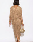 Layers Multi Fringed Tassel Pleated Midi Dress in Mocca