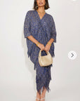 Layers Multi Fringed Tassel Pleated Midi Dress in Blue