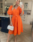 Oversized puff sleeve midi dress in Orange