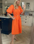 Oversized puff sleeve midi dress in Orange