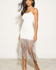 Long fringed tassel detail hem bodycon knit dress in White