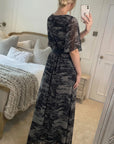 Black gery Print Chiffon Wrap Maxi Dress