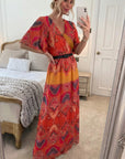 Lady Red Paisley Print Chiffon Wrap Maxi Dress