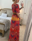 Lady Red Paisley Print Chiffon Wrap Maxi Dress
