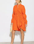 Asymmetry with Elasticated design cotton blend shirt dress in Orange