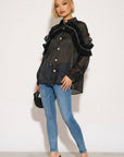 Pleated ruffles with multi dimoned stone embellished sleeves design organza shirt in black