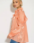 Pleated ruffles with multi dimoned stone embellished sleeves design organza shirt in peach
