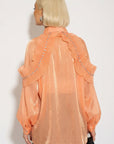Pleated ruffles with multi dimoned stone embellished sleeves design organza shirt in peach