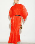 Pleated long dress with organza pleated cape sleeves in Red