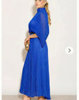 Pleated long dress with organza pleated cape sleeves in Royal Blue