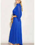 Pleated long dress with organza pleated cape sleeves in Royal Blue