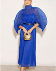 Pleated long dress with organza pleated cape sleeves in Royal Blue