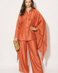 Sunset Satin Cape-Sleeve Shirt & Wide-Leg Trouser Co-Ord In Orange