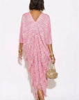 Layers Multi Fringed Tassel Pleated Midi Dress in Pink