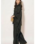 Sunset Satin Cape-Sleeve Shirt & Wide-Leg Trouser Co-Ord In Black