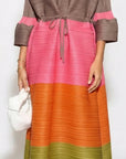 Multi-Colour Pleated Midi Dress With Adjustable Waist In Pink Orange Green