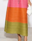 Multi-Colour Pleated Midi Dress With Adjustable Waist In Pink Orange Green