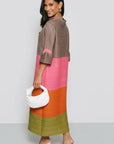 Multi-Colour Pleated Midi Dress With Adjustable Waist In Pink Orange Green