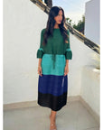 Multi-Colour Pleated Midi Dress With Adjustable Waist In Green